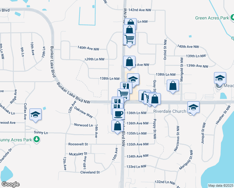 map of restaurants, bars, coffee shops, grocery stores, and more near 3633 Bunker Lake Boulevard Northwest in Andover
