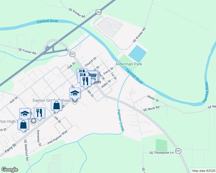 map of restaurants, bars, coffee shops, grocery stores, and more near 202 Alder Street in Dayton