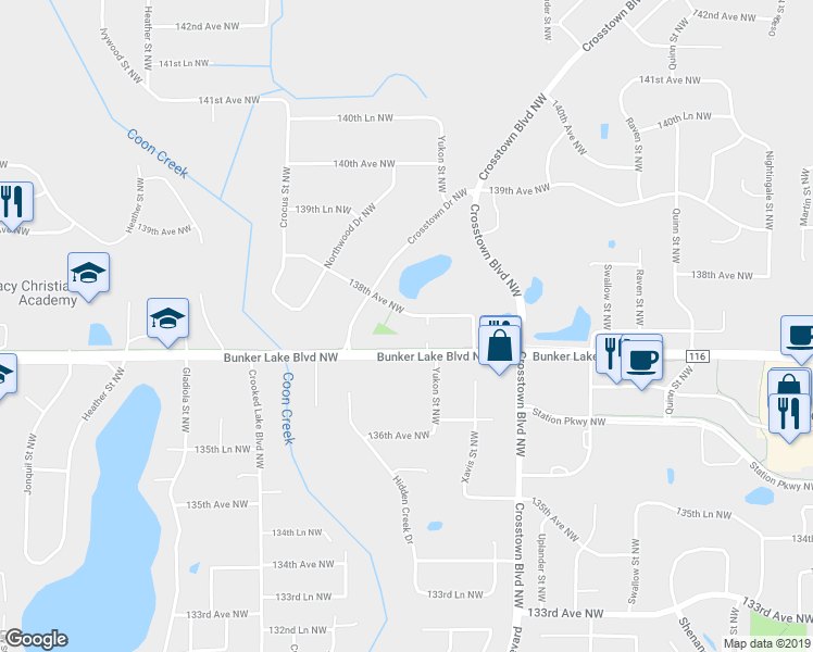 map of restaurants, bars, coffee shops, grocery stores, and more near 2556 138th Avenue Northwest in Andover