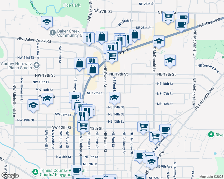 map of restaurants, bars, coffee shops, grocery stores, and more near 1733 Northeast Ford Street in McMinnville
