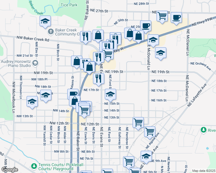 map of restaurants, bars, coffee shops, grocery stores, and more near 1733 Northeast Ford Street in McMinnville