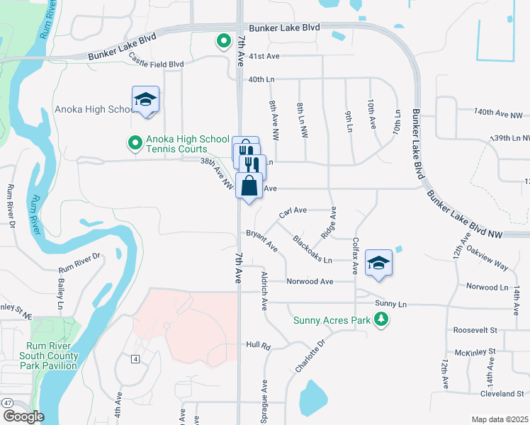 map of restaurants, bars, coffee shops, grocery stores, and more near 3730 Bryant Circle in Anoka