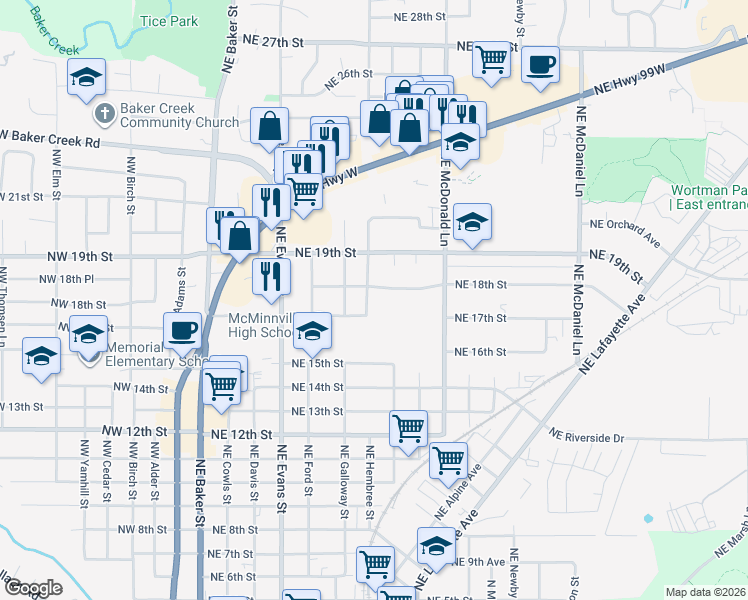 map of restaurants, bars, coffee shops, grocery stores, and more near 1736 Northeast Hembree Street in McMinnville
