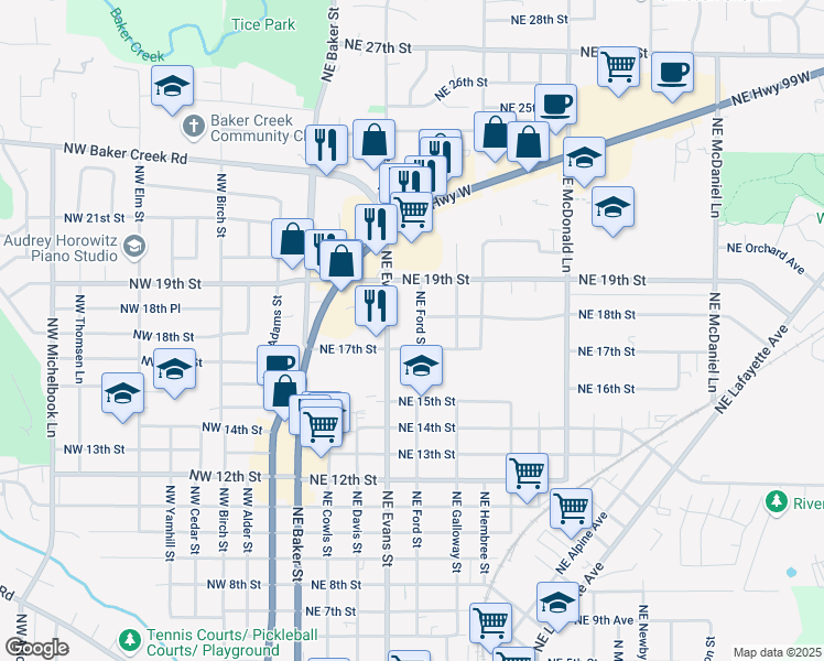 map of restaurants, bars, coffee shops, grocery stores, and more near 1733 Northeast Ford Street in McMinnville