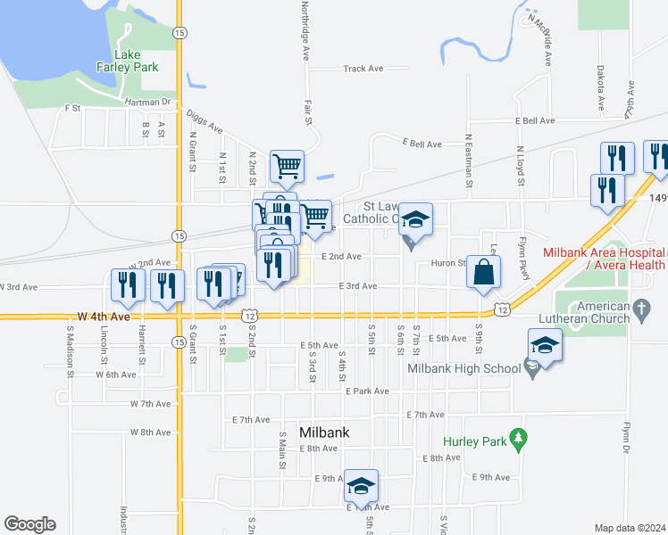 map of restaurants, bars, coffee shops, grocery stores, and more near 210 South 4th Street in Milbank
