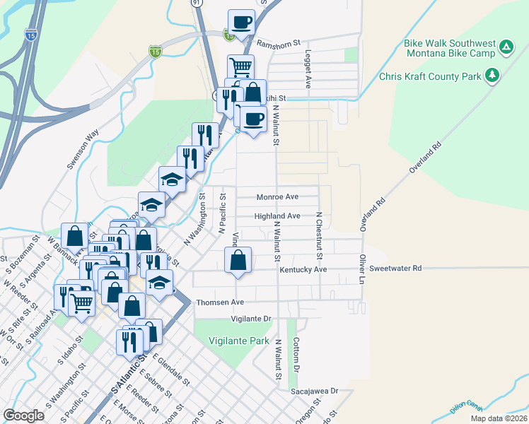 map of restaurants, bars, coffee shops, grocery stores, and more near 511 Highland Avenue in Dillon