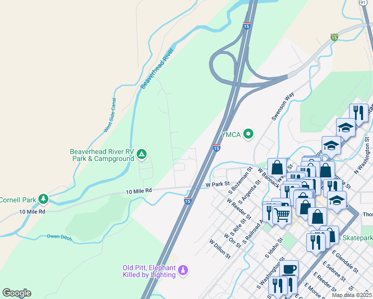 map of restaurants, bars, coffee shops, grocery stores, and more near 320 Madison Street in Dillon