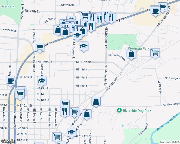 map of restaurants, bars, coffee shops, grocery stores, and more near 1350 Northeast 18th Street in McMinnville