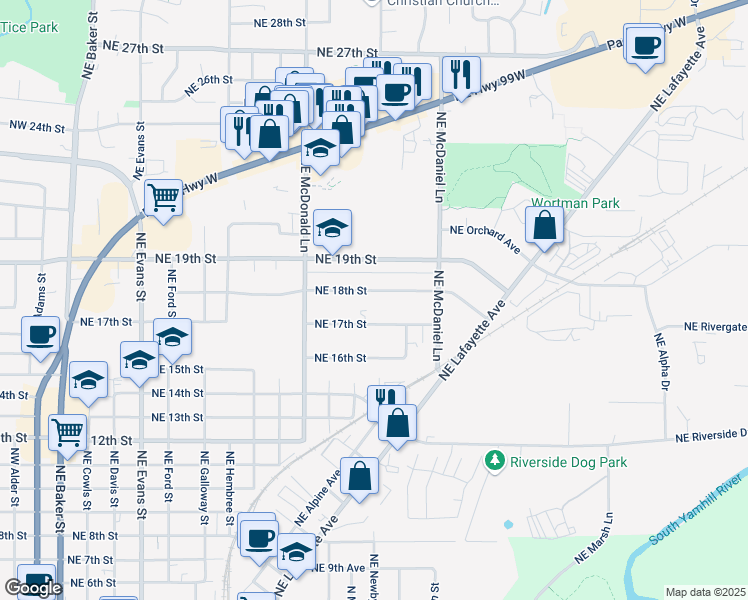 map of restaurants, bars, coffee shops, grocery stores, and more near 1350 Northeast 18th Street in McMinnville