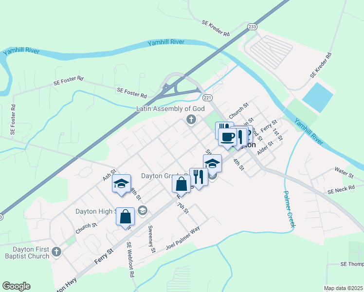 map of restaurants, bars, coffee shops, grocery stores, and more near 527 Church Street in Dayton