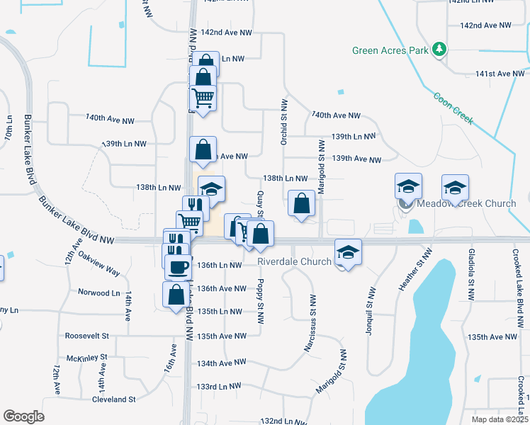 map of restaurants, bars, coffee shops, grocery stores, and more near 13769 Quay Street Northwest in Andover