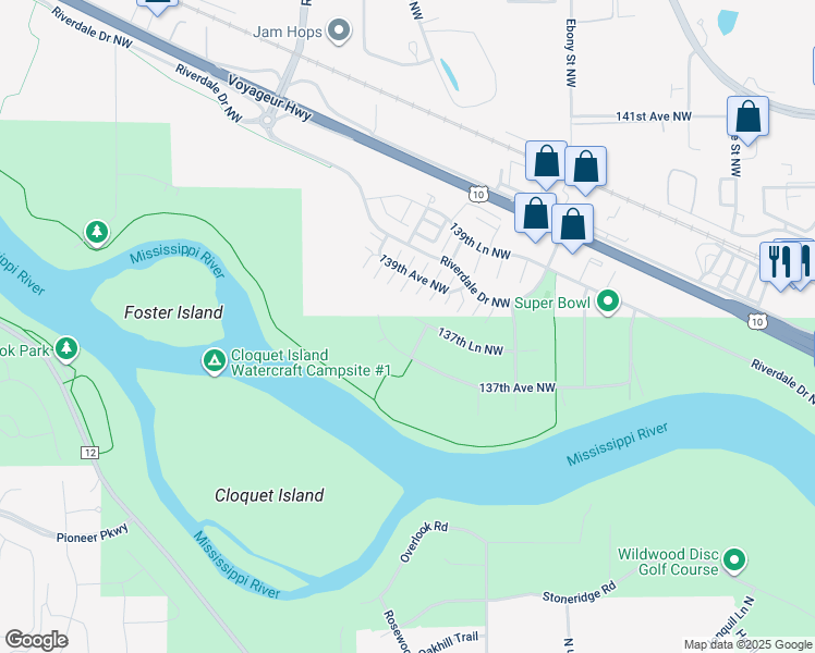 map of restaurants, bars, coffee shops, grocery stores, and more near 7030 137th Lane Northwest in Ramsey