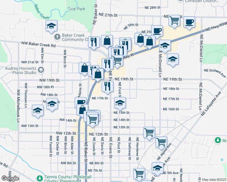 map of restaurants, bars, coffee shops, grocery stores, and more near 1750 Northeast Evans Street in McMinnville