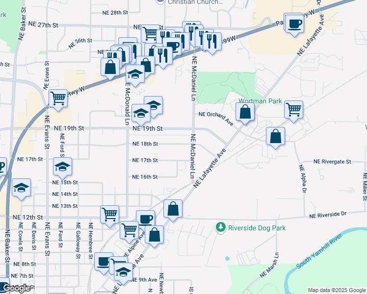 map of restaurants, bars, coffee shops, grocery stores, and more near 1350 Northeast 18th Street in McMinnville