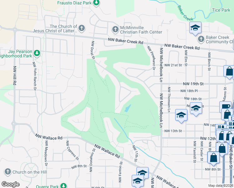 map of restaurants, bars, coffee shops, grocery stores, and more near 1833 Northwest Doral Street in McMinnville