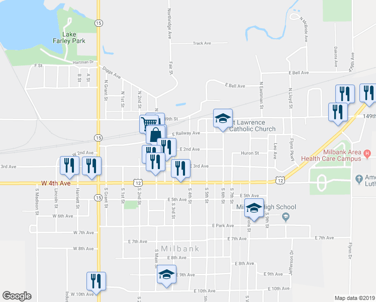 map of restaurants, bars, coffee shops, grocery stores, and more near 210 South 4th Street in Milbank