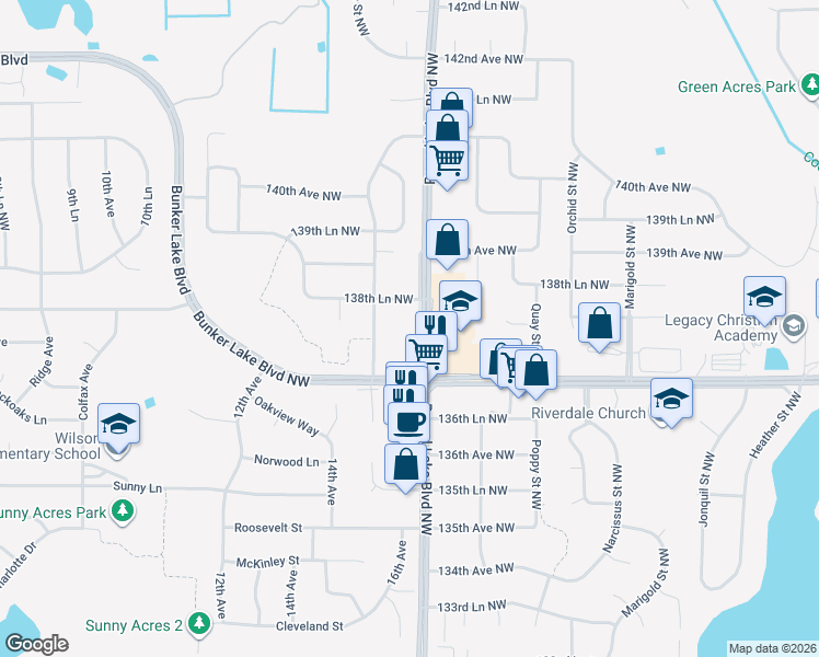map of restaurants, bars, coffee shops, grocery stores, and more near 3633 Bunker Lake Boulevard Northwest in Andover