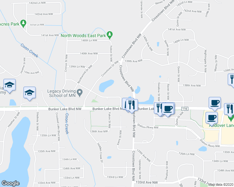map of restaurants, bars, coffee shops, grocery stores, and more near 2503 138th Avenue Northwest in Andover