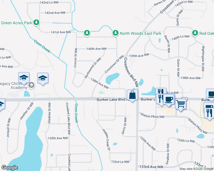 map of restaurants, bars, coffee shops, grocery stores, and more near 2556 138th Avenue Northwest in Andover