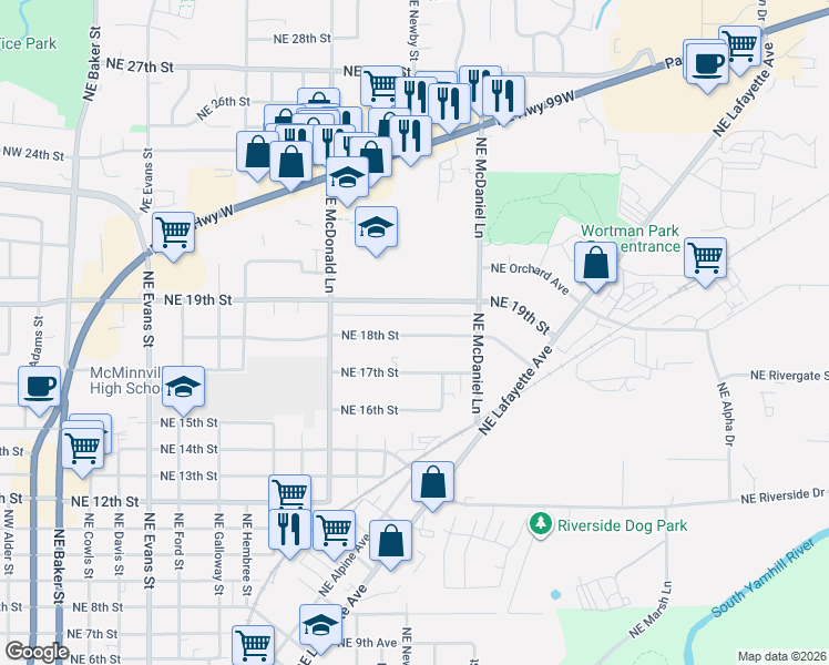 map of restaurants, bars, coffee shops, grocery stores, and more near 1350 Northeast 18th Street in McMinnville