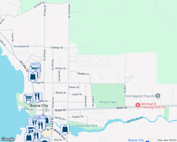 map of restaurants, bars, coffee shops, grocery stores, and more near 11 Maddy Lane in Boyne City