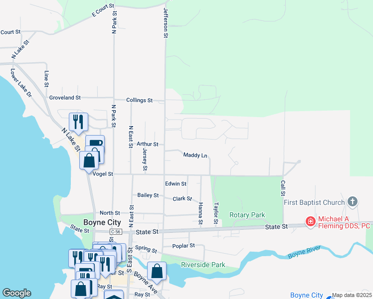 map of restaurants, bars, coffee shops, grocery stores, and more near 7 Maddy Lane in Boyne City