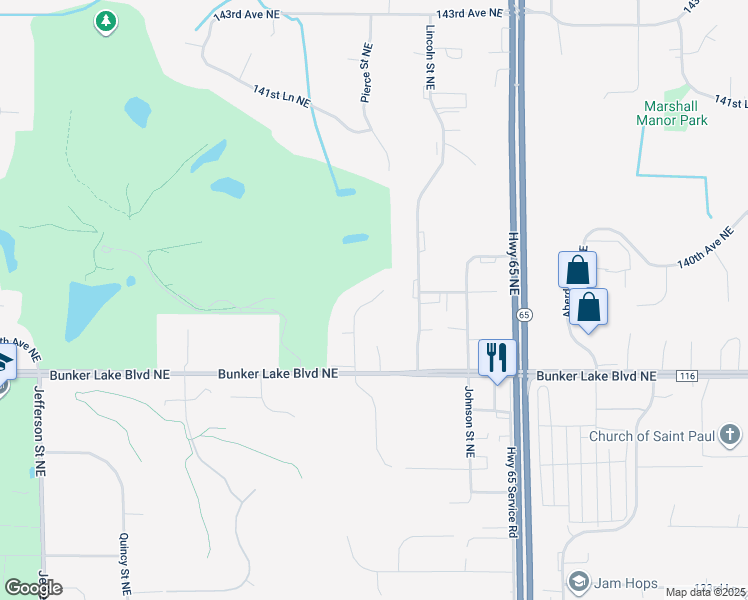 map of restaurants, bars, coffee shops, grocery stores, and more near Pierce Street Northeast in Ham Lake