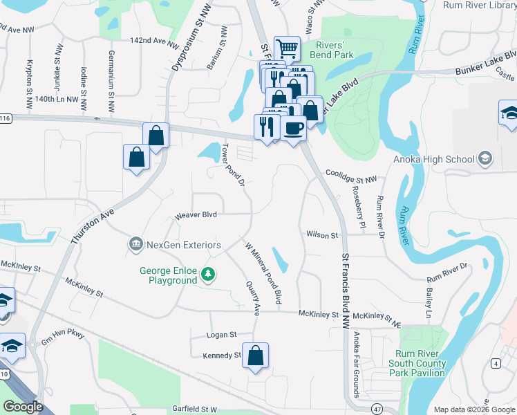map of restaurants, bars, coffee shops, grocery stores, and more near 3736 Weaver Court in Anoka