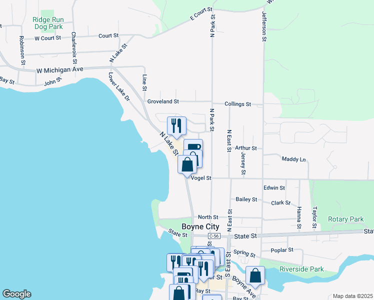 map of restaurants, bars, coffee shops, grocery stores, and more near 526 North Lake Street in Boyne City