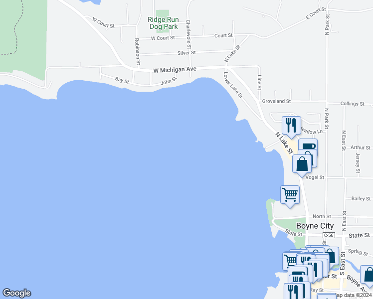 map of restaurants, bars, coffee shops, grocery stores, and more near 700 John Street in Boyne City