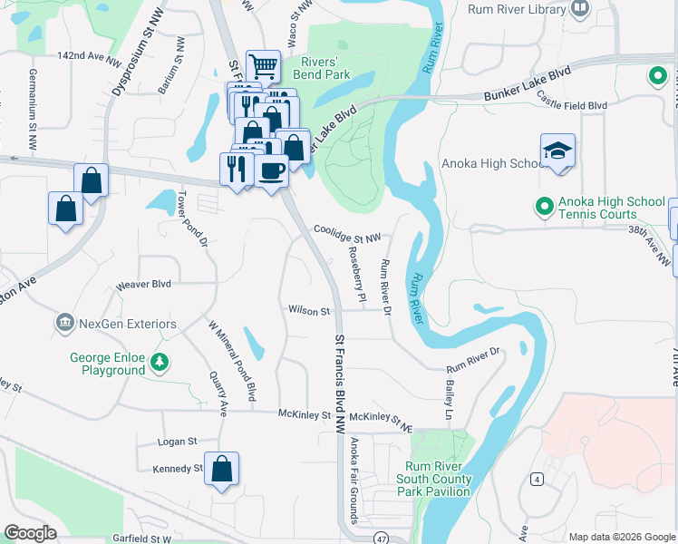 map of restaurants, bars, coffee shops, grocery stores, and more near 3760 Saint Francis Boulevard Northwest in Anoka