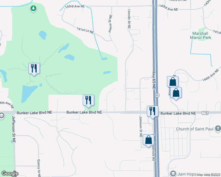 map of restaurants, bars, coffee shops, grocery stores, and more near 13834 Pierce Street Northeast in Ham Lake