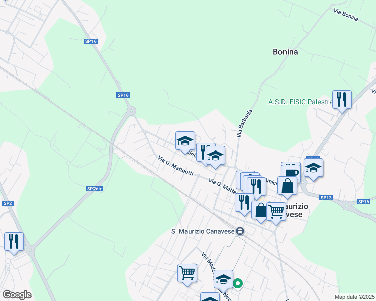 map of restaurants, bars, coffee shops, grocery stores, and more near 50 Via Ciriè in San Maurizio Canavese