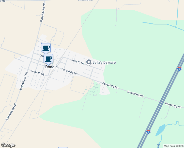map of restaurants, bars, coffee shops, grocery stores, and more near 11105 Main Street Northeast in Donald