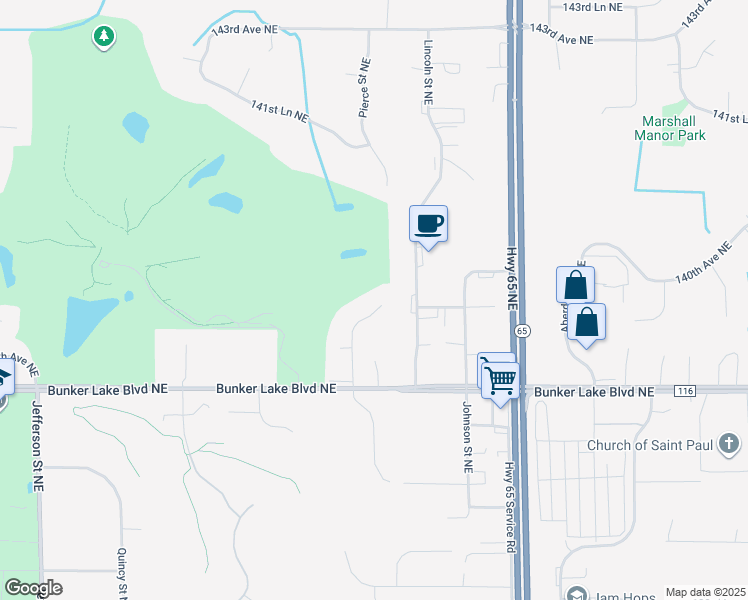 map of restaurants, bars, coffee shops, grocery stores, and more near 13834 Pierce Street Northeast in Ham Lake