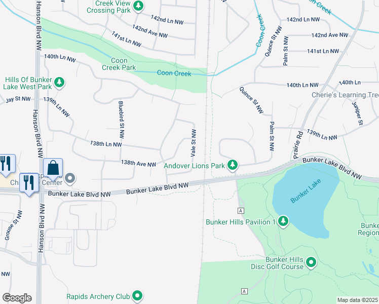 map of restaurants, bars, coffee shops, grocery stores, and more near 13784 Vale Street Northwest in Andover