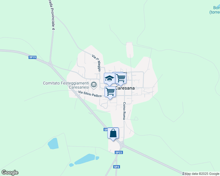 map of restaurants, bars, coffee shops, grocery stores, and more near 54 Corso Italia in Caresana
