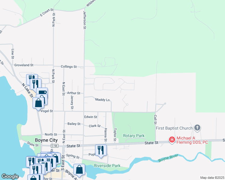 map of restaurants, bars, coffee shops, grocery stores, and more near 11 Maddy Lane in Boyne City