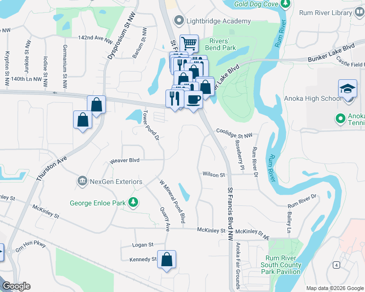 map of restaurants, bars, coffee shops, grocery stores, and more near 3810 Weaver Court in Anoka