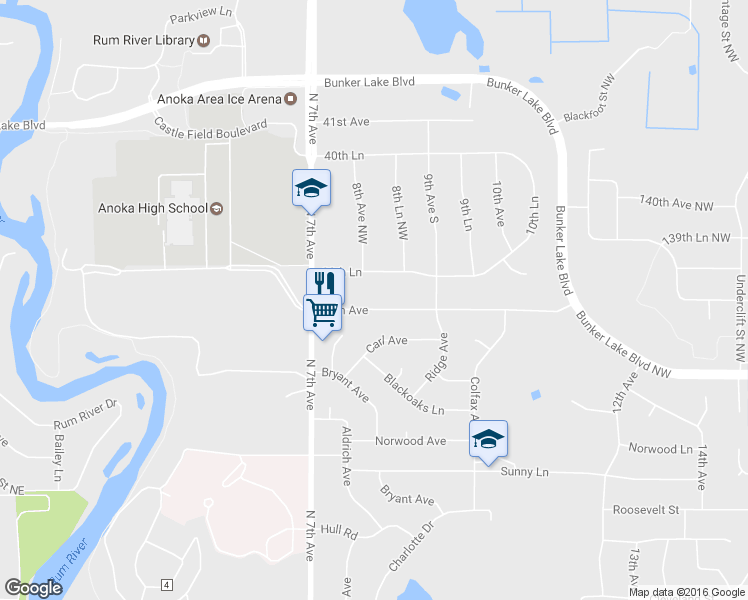 map of restaurants, bars, coffee shops, grocery stores, and more near 769 38th Avenue in Anoka