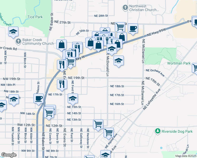 map of restaurants, bars, coffee shops, grocery stores, and more near 1885 Northeast Johnson Court in McMinnville