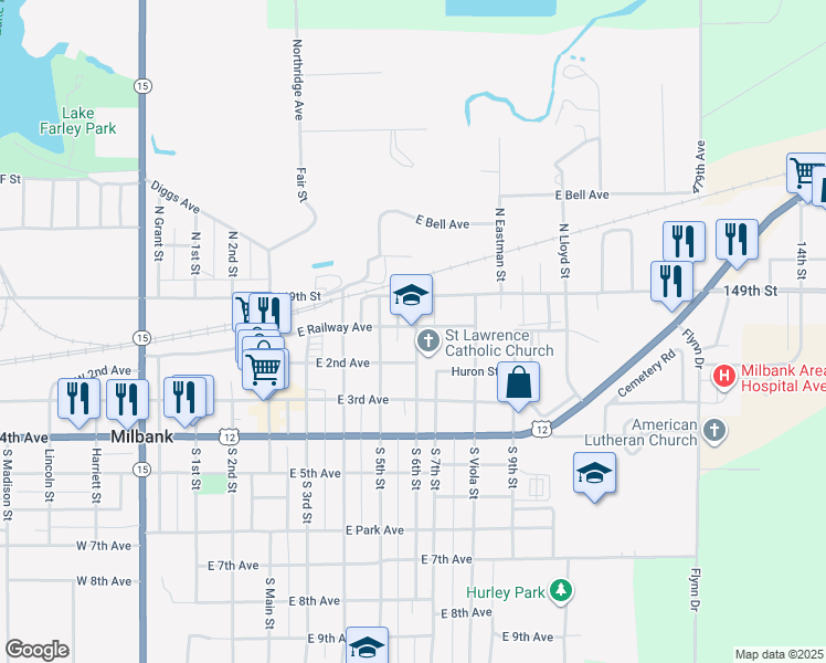 map of restaurants, bars, coffee shops, grocery stores, and more near 113 South 6th Street in Milbank
