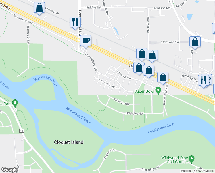 map of restaurants, bars, coffee shops, grocery stores, and more near 7022 139th Avenue Northwest in Ramsey
