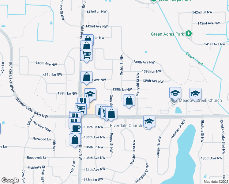 map of restaurants, bars, coffee shops, grocery stores, and more near 13833 Quay Street Northwest in Andover