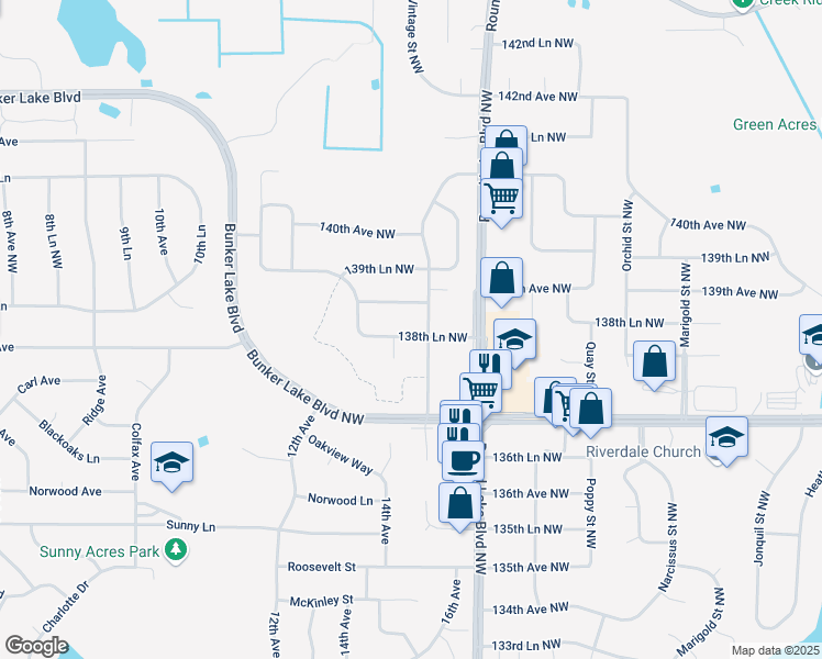 map of restaurants, bars, coffee shops, grocery stores, and more near 3705 138th Lane Northwest in Andover