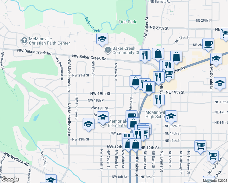 map of restaurants, bars, coffee shops, grocery stores, and more near 305 Northwest 19th Street in McMinnville
