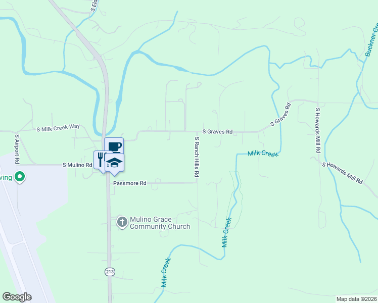 map of restaurants, bars, coffee shops, grocery stores, and more near 26600 South Ranch Hills Road in Mulino