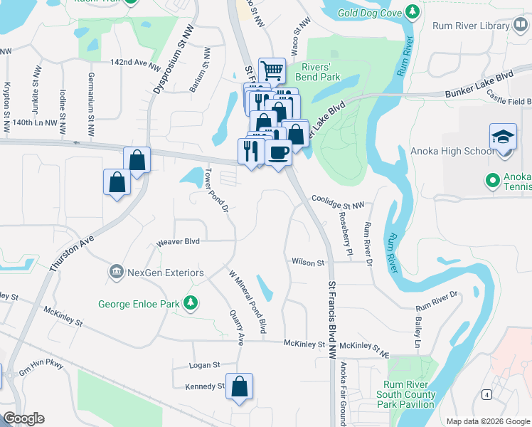 map of restaurants, bars, coffee shops, grocery stores, and more near 3810 Weaver Court in Anoka