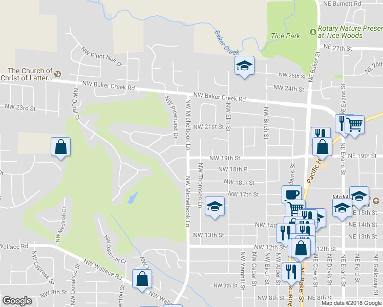 map of restaurants, bars, coffee shops, grocery stores, and more near 833 Northwest 19th Street in McMinnville