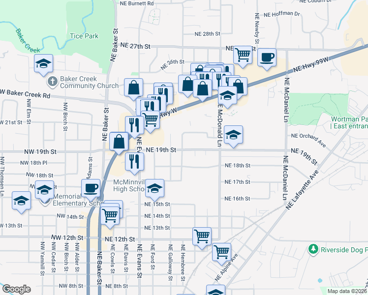 map of restaurants, bars, coffee shops, grocery stores, and more near 815 Northeast 19th Street in McMinnville